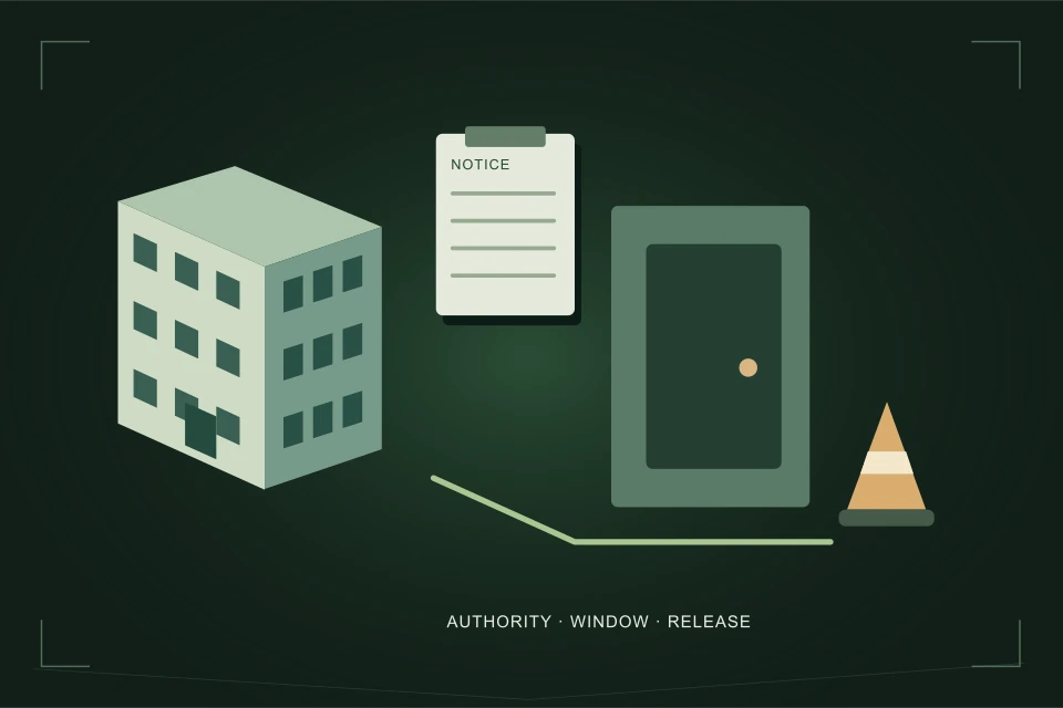 Conceptual illustration: a multi-unit building, controlled room entry and a dated resident notice.