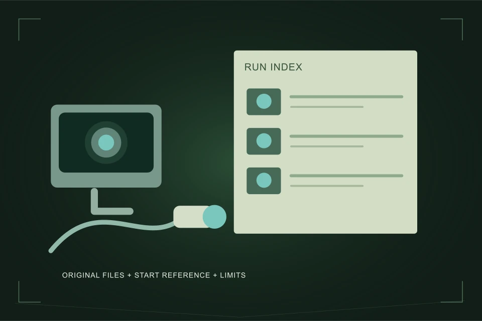 Conceptual illustration: a camera screen beside an indexed set of original recording references.