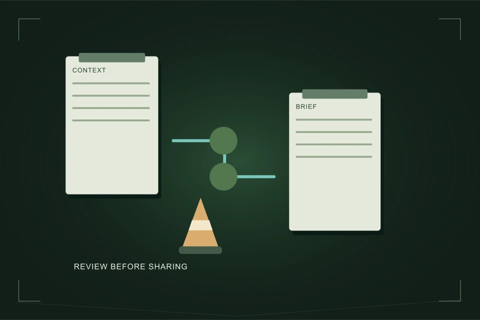 Conceptual illustration: building context transformed into a reviewable brief with a safety branch.