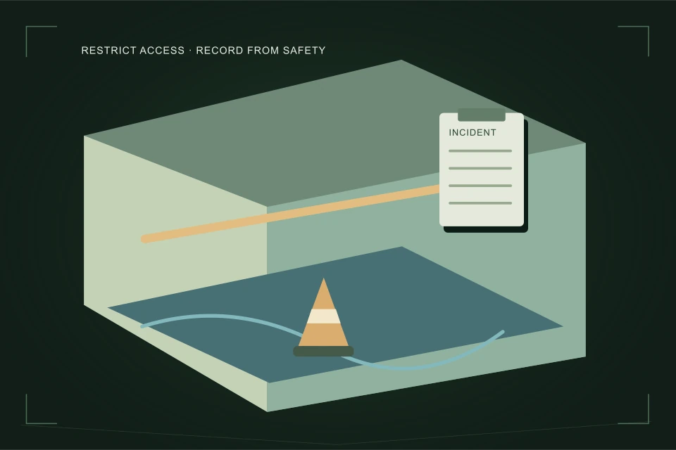 Conceptual illustration: a restricted basement space with visible water and an incident record.