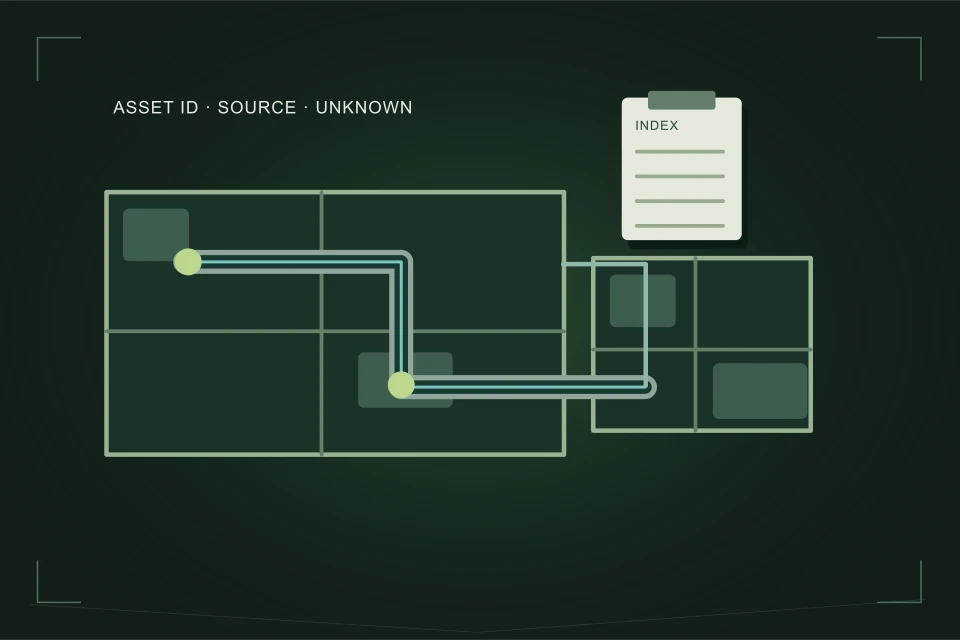 Conceptual illustration: a building plan with named access and connected intervals beside an asset index.