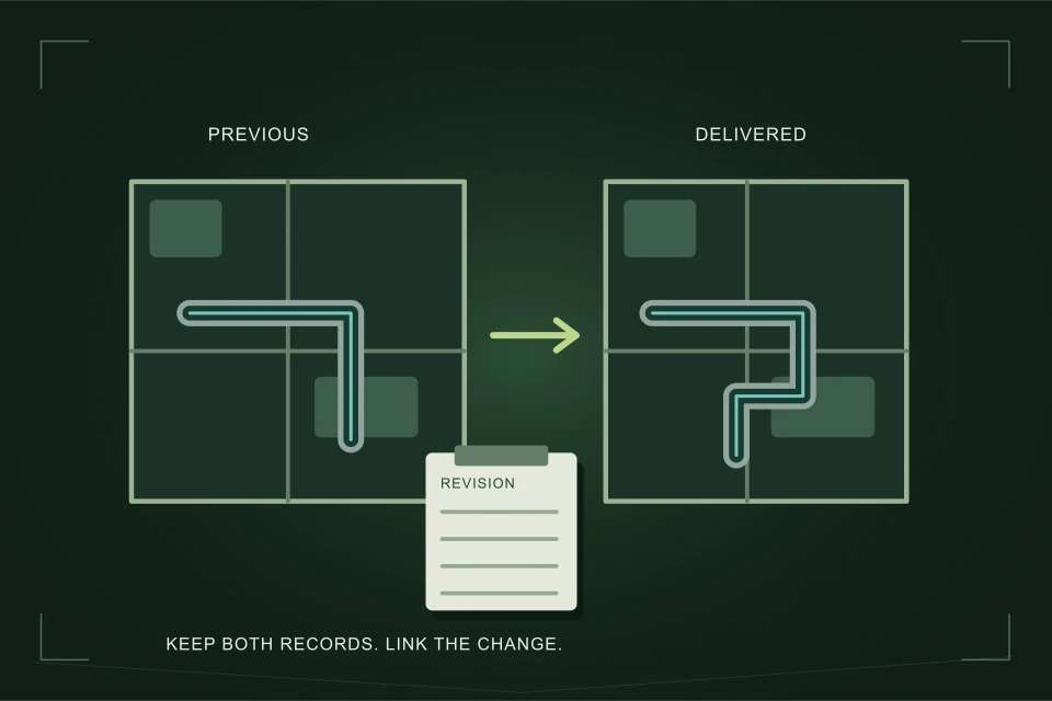 Conceptual illustration: previous and delivered floor plans with different drainage routes and a retained revision.