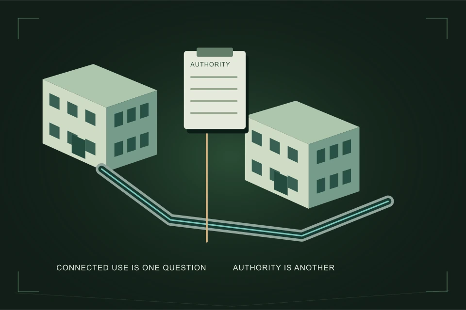 Conceptual illustration: two buildings connected to a shared route with authority considered separately.