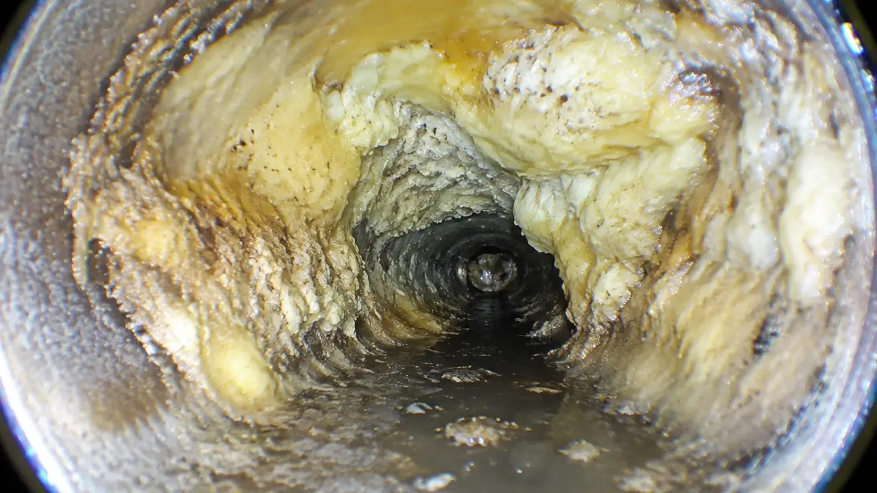 Sewer camera view of thick grease deposits inside a drain pipe