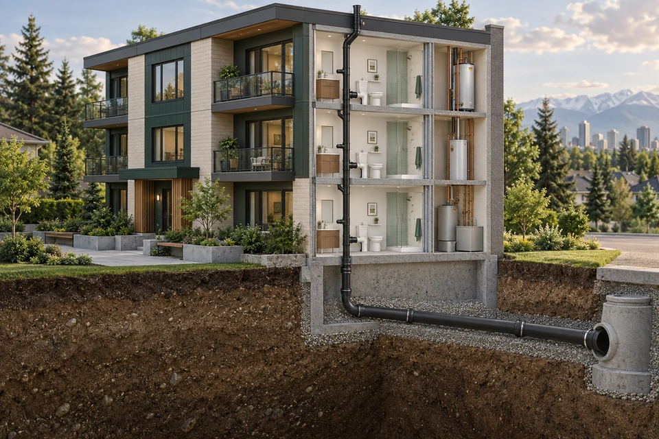 Conceptual multi-unit building cutaway showing connected drainage stacks, shared building drains and the private service route.