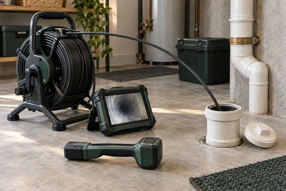 Conceptual sewer CCTV equipment beside a building cleanout, with a camera reel, cable entering the cleanout, locator and recording monitor.