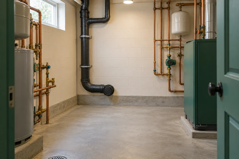 Conceptual managed service access to a building mechanical room with drainage entry points and a clear working area.